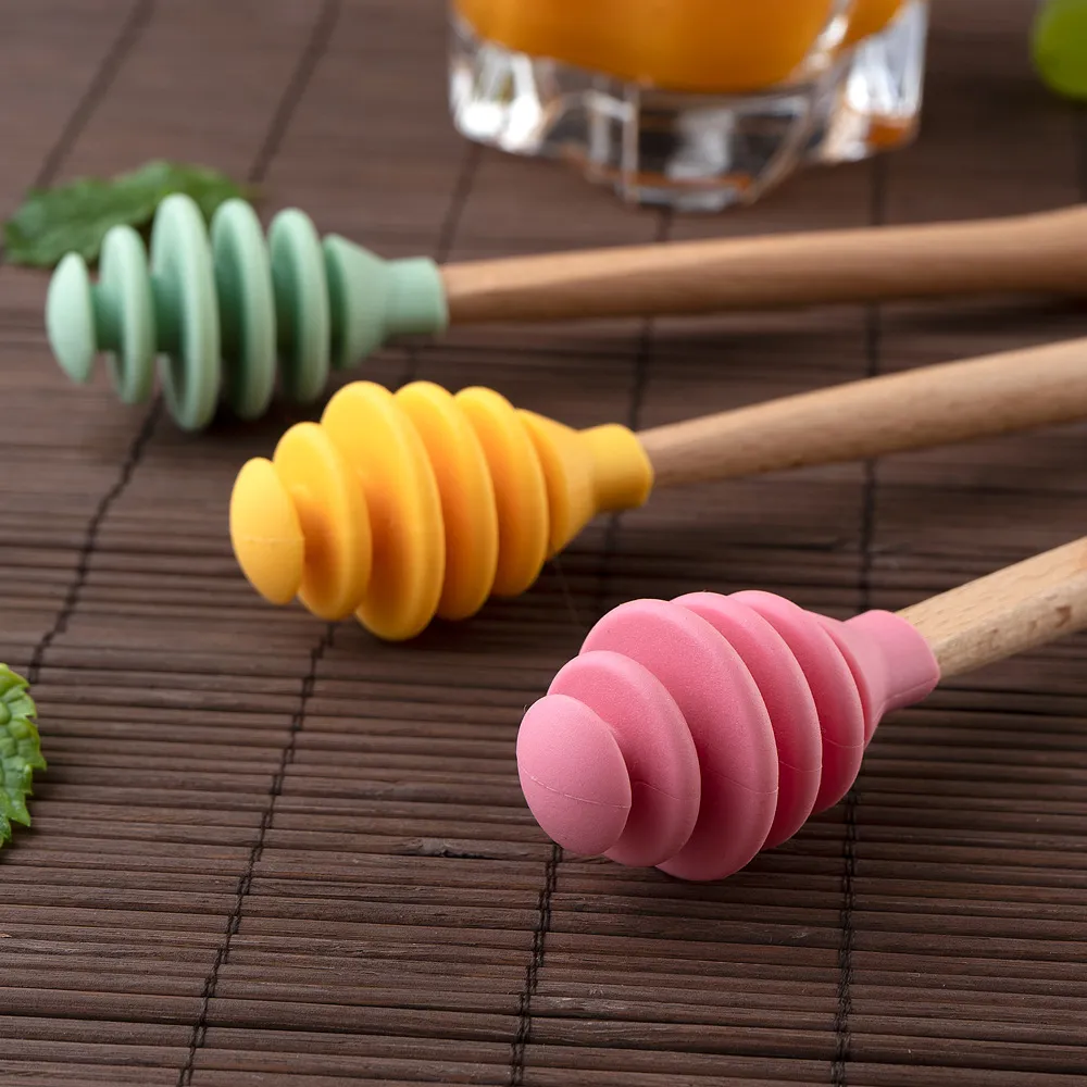 Wooden Handle Honey Silicone Tools Honey Spoon Drizzle Stick Honeys Mixing Stirrer Dip Spiral Server Kitchen Gadget Tool 