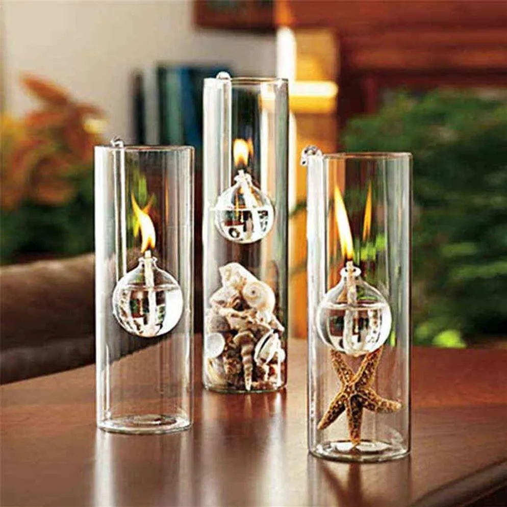 Lampe à huile cylindrique en verre transparent, fabrication européenne créative, cadeau de décoration de mariage au lieu d'un bougeoir pour la maison H2204208a