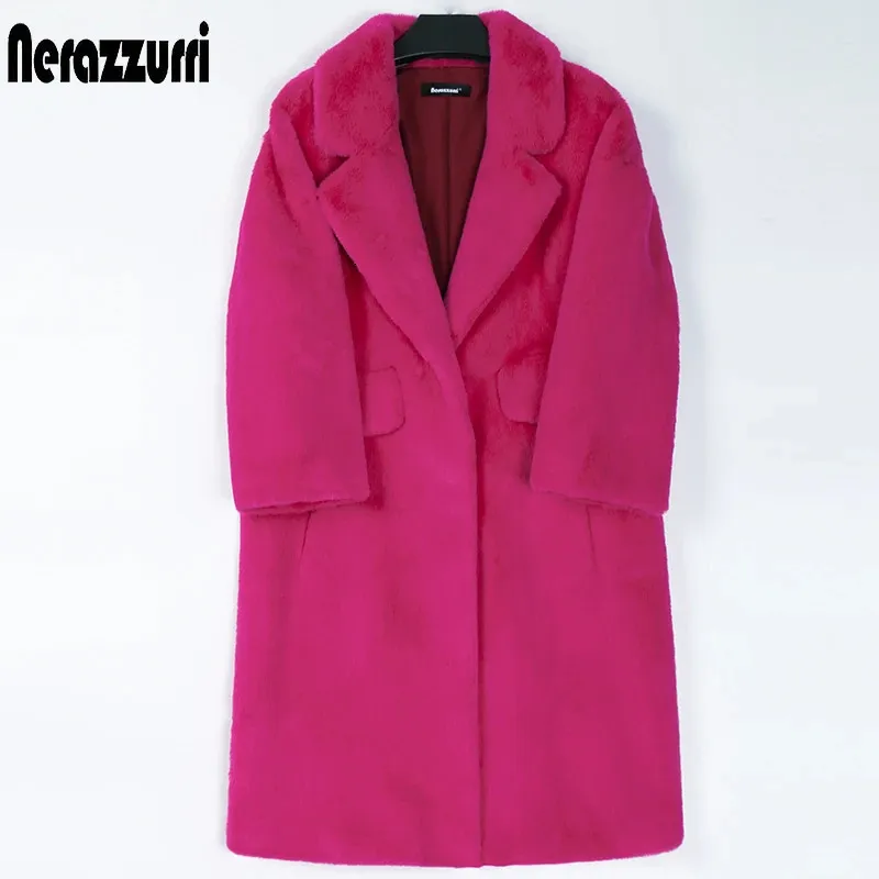 Pele feminina pele sintética nerazzurri inverno longo rosa casaco de pele falsa feminino lapela quente grosso preto macio jaqueta fofa solta elegante moda coreana 231122