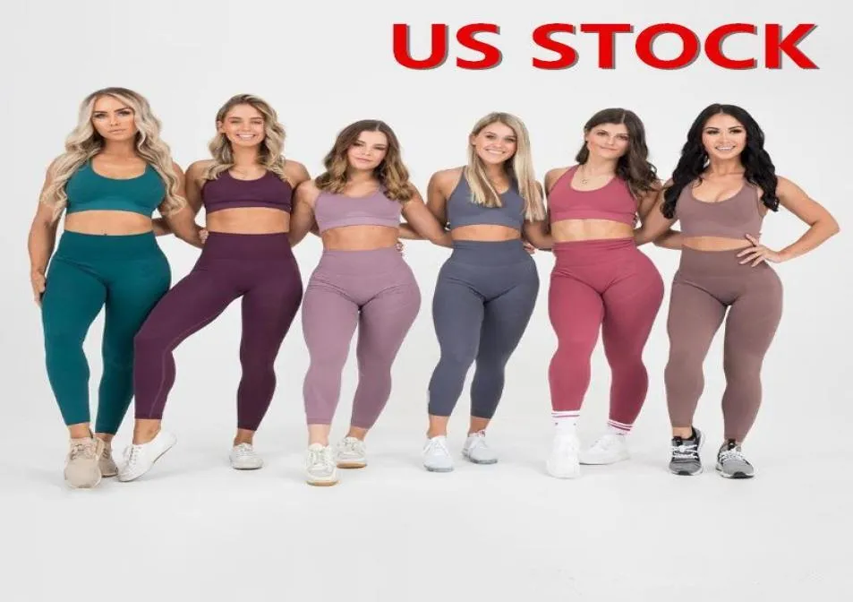 US STOCK Ensembles de gymnastique sans couture Vêtements pour femmes en nylon 2 pièces Leggings d'exercice Soutiens-gorge de sport rembourrés Vêtements de fitness Ensembles de yoga FY90076053123