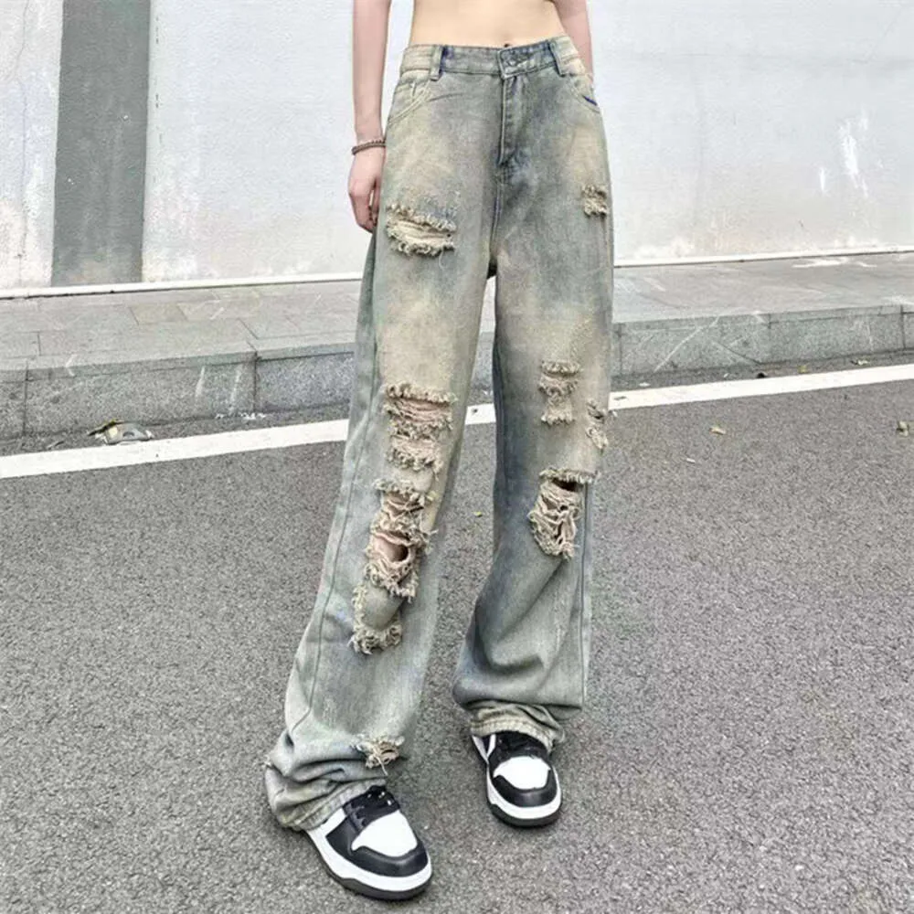 Hosen Washed Ripped Retro Y K Streetwear Hohe Taille Sommer Kleidung Für Frauen Baggy Breite Bein Jeans Femme