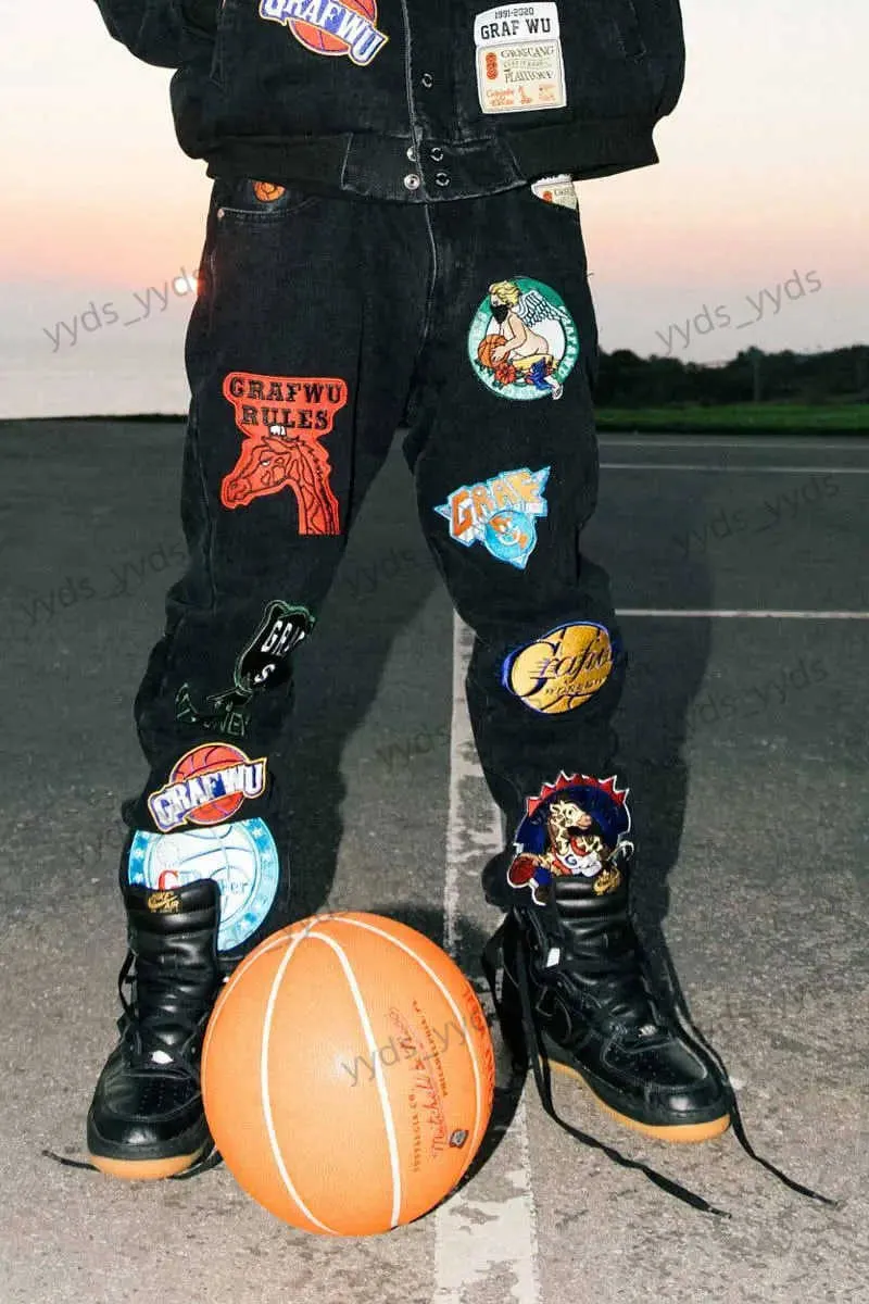 Jeans pour hommes Jean droit noir délavé imprimé denim tendance originale ligue de basket-ball de rue gothique rétro mode hip-hop pantalon ample T231123