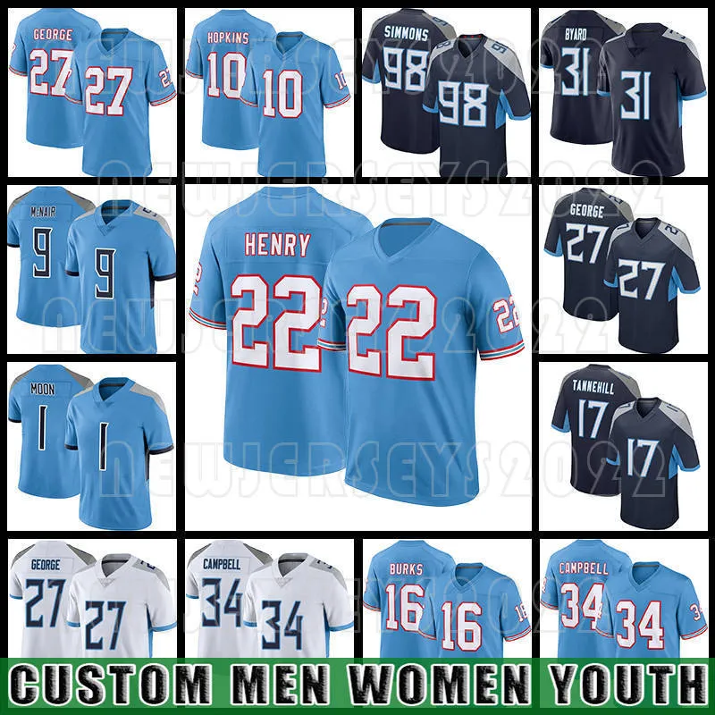 Derrick Henry fotboll Deandre Hopkins tröjor Jeffery Simmons Kevin Byard Ryan Tannehill Tennessees Titans Steve McNair Treylon Burks Warren Moon Eddie George George