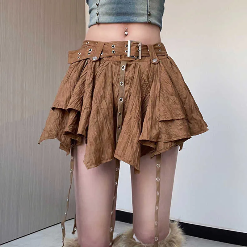 Saias Houzhou Grunge Mini -saia para mulheres Riba de fita irregular de fita Punk Punk cinto Brown marrom curto Y2K Streetwear P230422