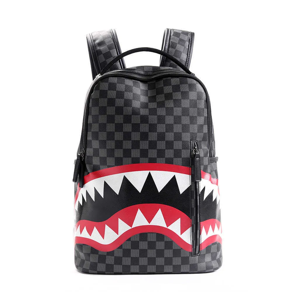 2023 New Men`s Shark Pattern High Capacity Plaid Backpack College Student Trend Leisure Travel Backpack Batch 230423