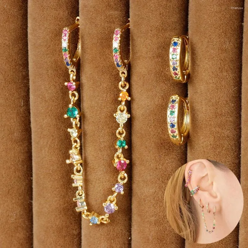 Pendientes de aro Vintag de acero inoxidable chapado en oro para mujer, colgante de circón colorido, joyería Piercing para fiesta a la moda