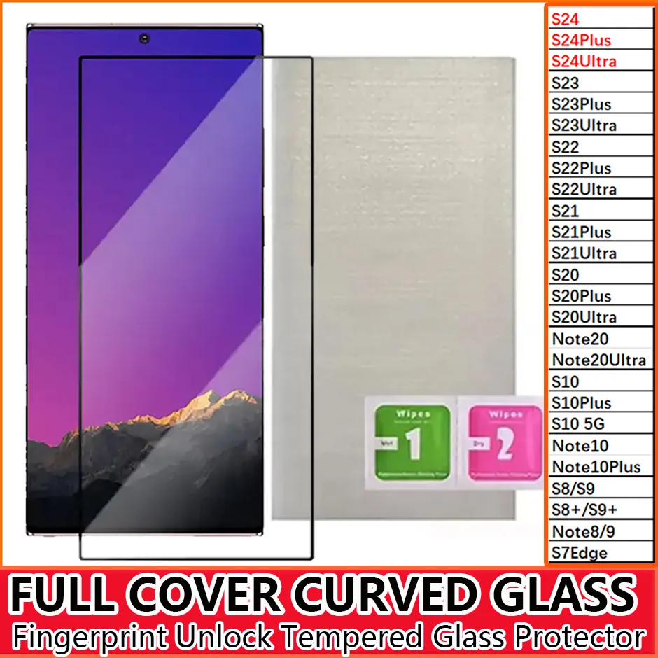 S24Ultra Fingerprint Unlock Curved Tempered Glass Screen Protector For Samsung Galaxy S24 S23 S22 S21 Note20 S20 Plus Ultra S10 Note10 Plus S8 S9 Note8