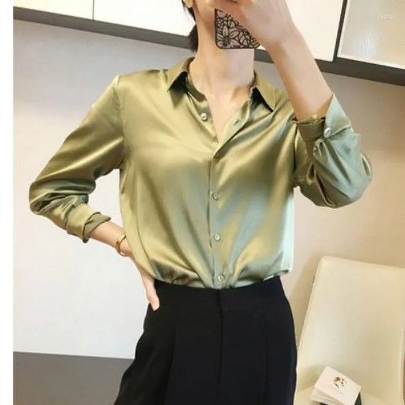 Damen Blusen Mode Lose Satin Hemd Büro Elegant Herbst Langarm Seide Weiße Bluse Lässig Einreiher Damen Kleidung 23229