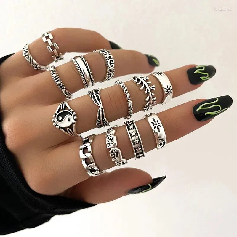 Cluster Rings Fashion Vintage Elephant Carved Flower Tai Chi Set Punk Star Multielement Geometric For Women Men Party Jewelry Gift