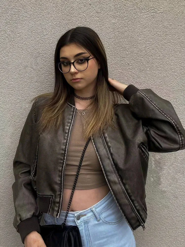 Women S Jackets SLTNX TRAF PU Leather Bomber Jacket For