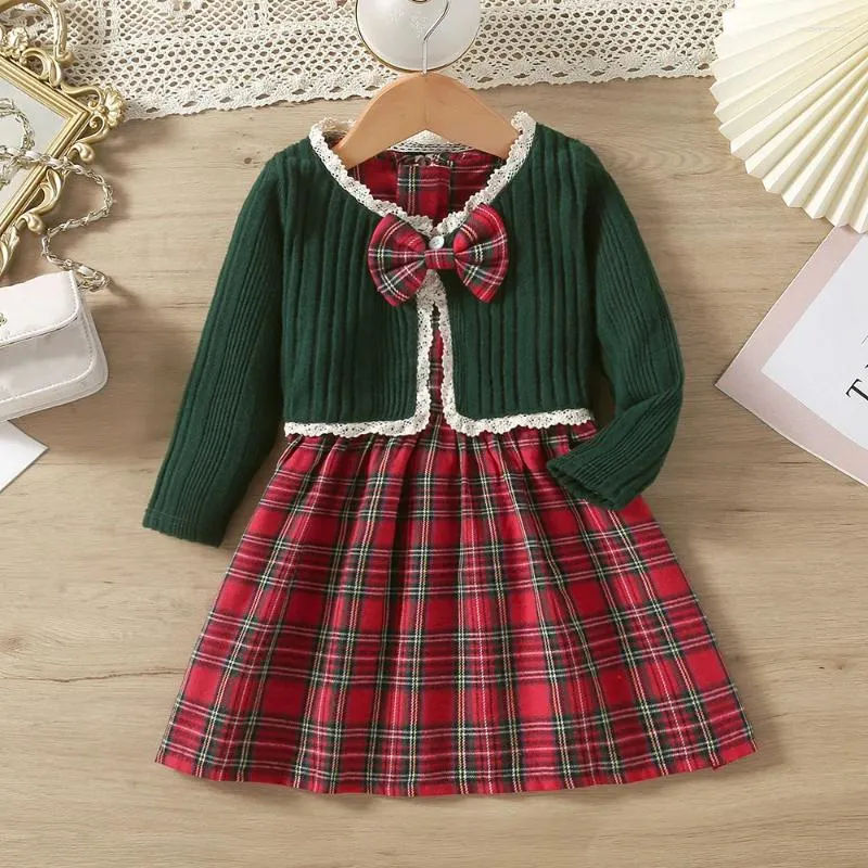 Sukienki dla dziewczynki Kid Plaid Sukienki świąteczne zestawy dla dziewcząt jesienna zima 2023 Toddler długi rękaw Casual Lace Knit Tops Dzieci