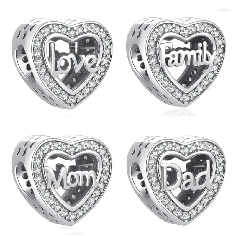 Loose Gemstones Shiny Forever Family Heart Shaped Charm Love Dad Mom Bead Fit Bracelet 925 Silver Pendant For Women DIY Jewelry Gift