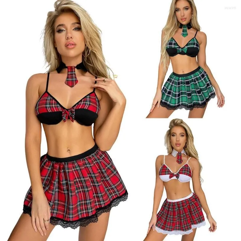 Skirts Women Schoolgirl Lingerie Set Sexy Costumes Chequered Pleated Mini Skirt Plaid School Uniform For Roleplay Cosplay Party Costume