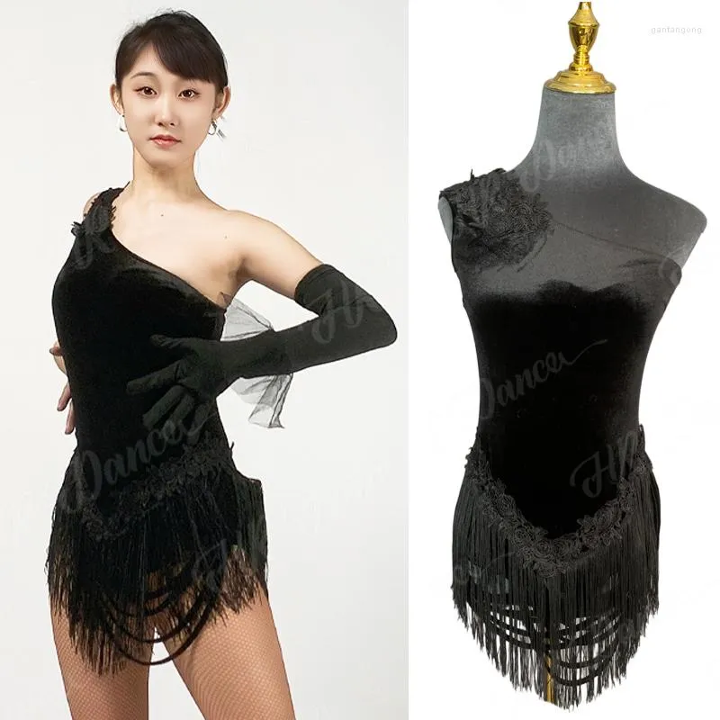 Stage Wear 2023 Latin Dance Dress Women Slant Shoulder Black Fringe Cha Salsa Performance kostuum Summer Dancewear DNV17491