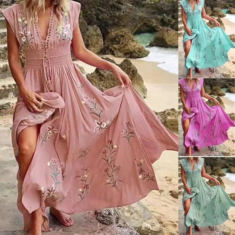 Robes décontractées bohème femmes robe imprimé fleuri à lacets gland grand ourlet été Vintage Maxi plage