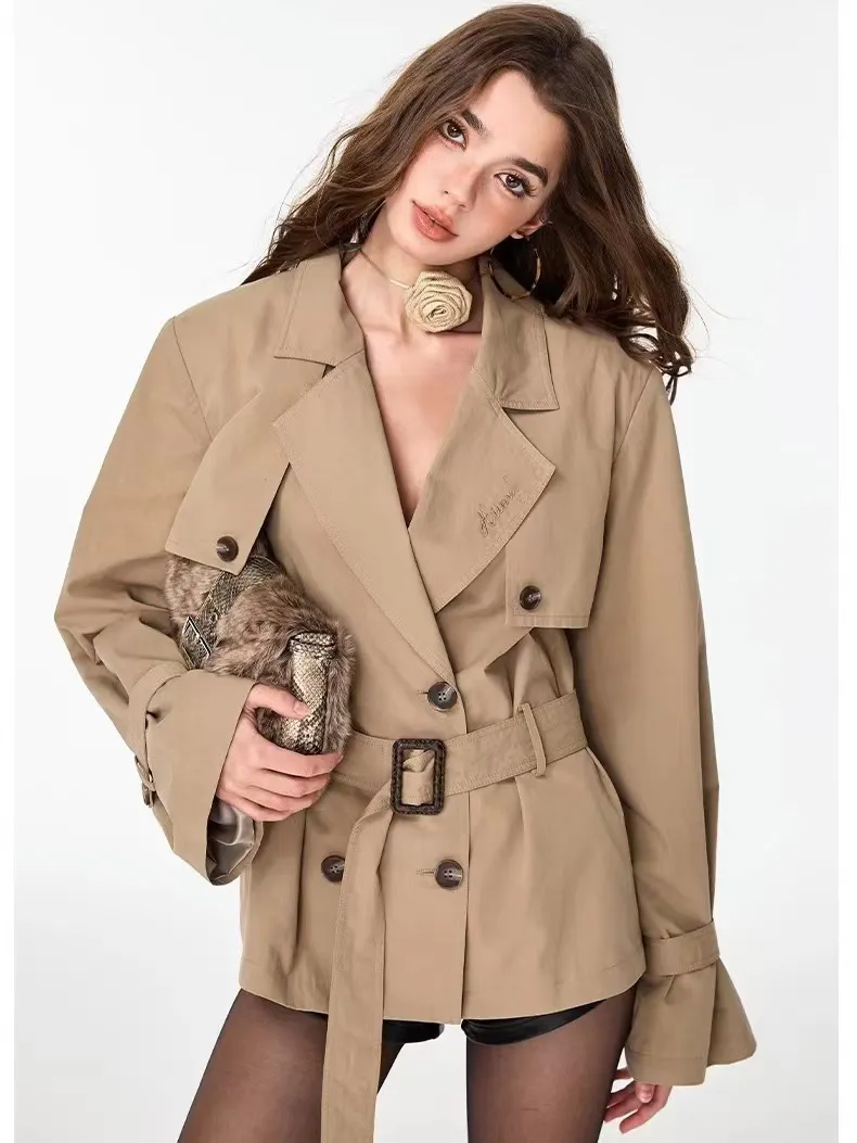 Trench da donna di media lunghezza, vestibilità slim kaki e temperamento sottile, autunno e inverno