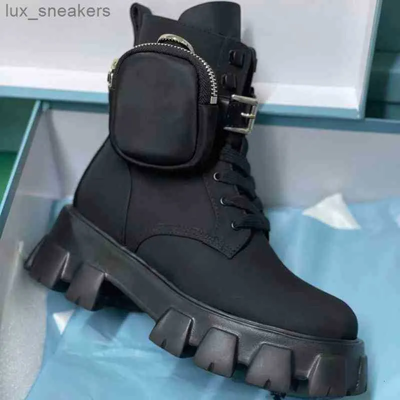 Men Rois Nylon Cloth Combat Boots Top Monolith Leather enkel Martin Boot met Pouch Battle Shoes Rubber Sole Platform Shoe Big Size