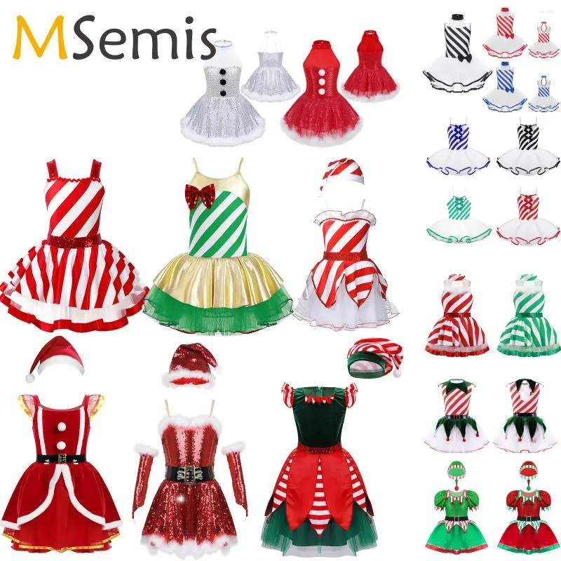 Stage Wear Kids Girls Candy Cane Mrs Santa Claus Costume Teen Shiny Sequins Christmas Dance Figure Ice Skating Tutu Dress Leotard Dancewear