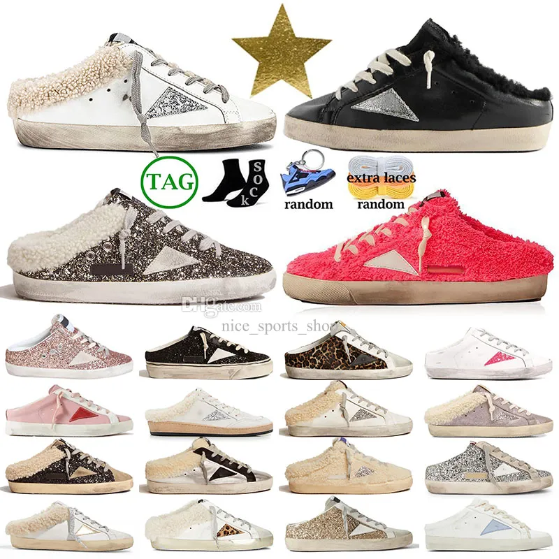 Designer Goldenstar Sabots tofflor skor lyxiga kvinnor herrplattform superstjärnor smutsiga gamla gyllene sneakers i nappa läder mocka päls glider loafers tränare 46 euro