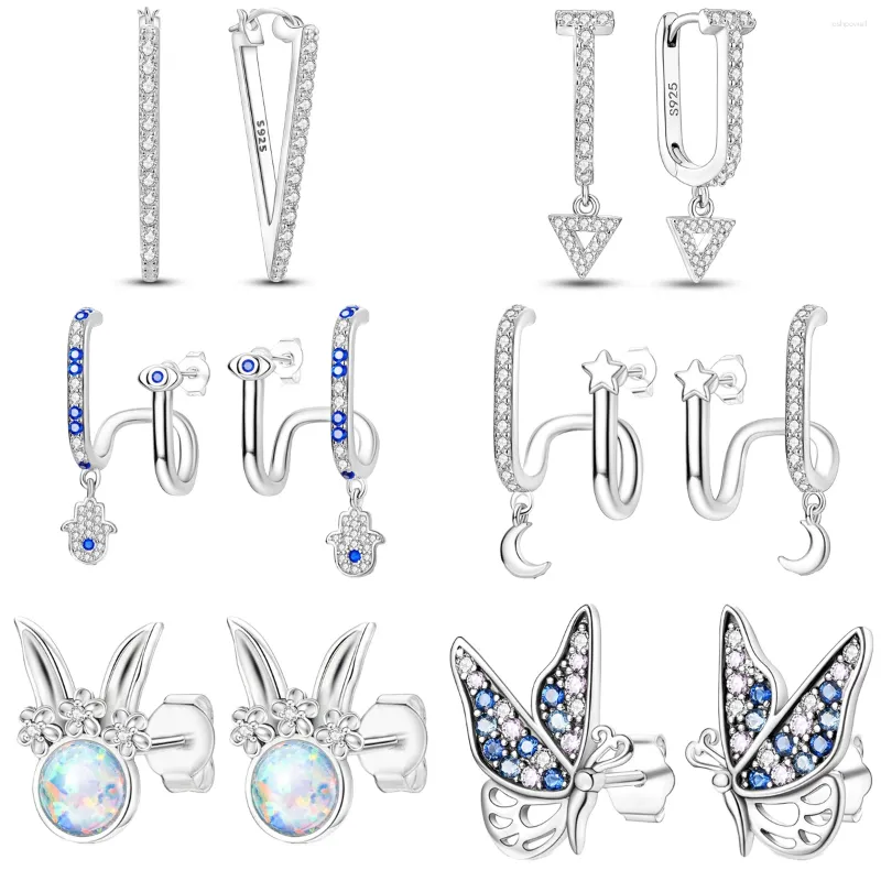 أقراط طوق 925 Sterling Silver Butterfly Moon Star للنساء الموضة هدية المجوهرات