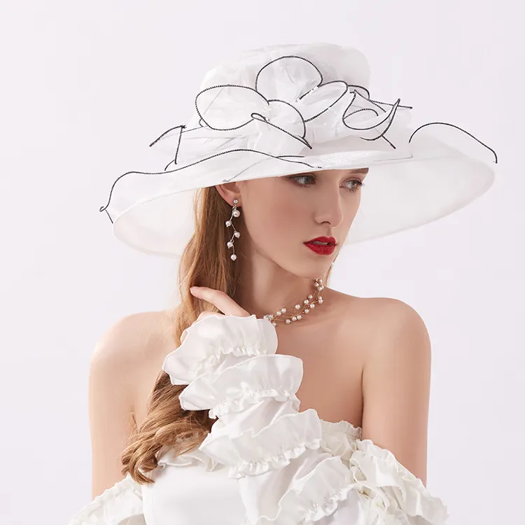 Chapeaux d'église élégants pour femmes Robe de dames Chapeau en organza de mariage Kentucky Derby Chapeaux Chapeau de seau à larges bords Noir Jaune Beige Rouge Violet Blanc 20 couleurs