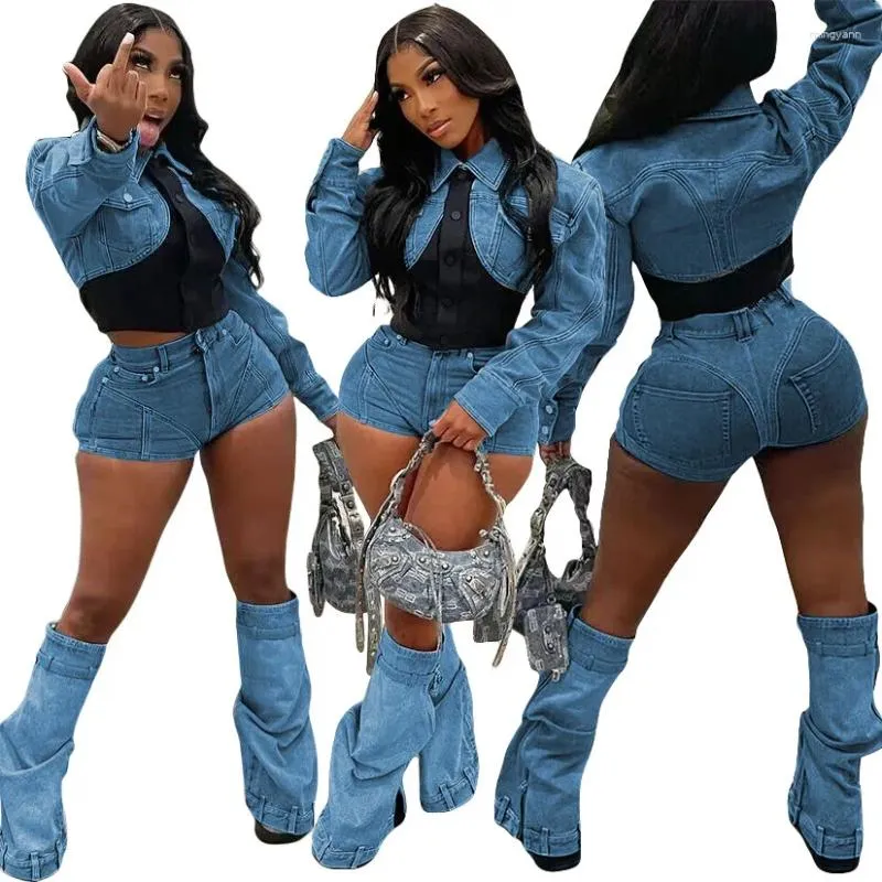 Damen Trainingsanzüge Jean Patchwork Zweiteilige Hose Set Frauen Denim Bluse Crop Top 2023 Herbst Weibliche Casual Club Y2k Kleidung 2 Kurz