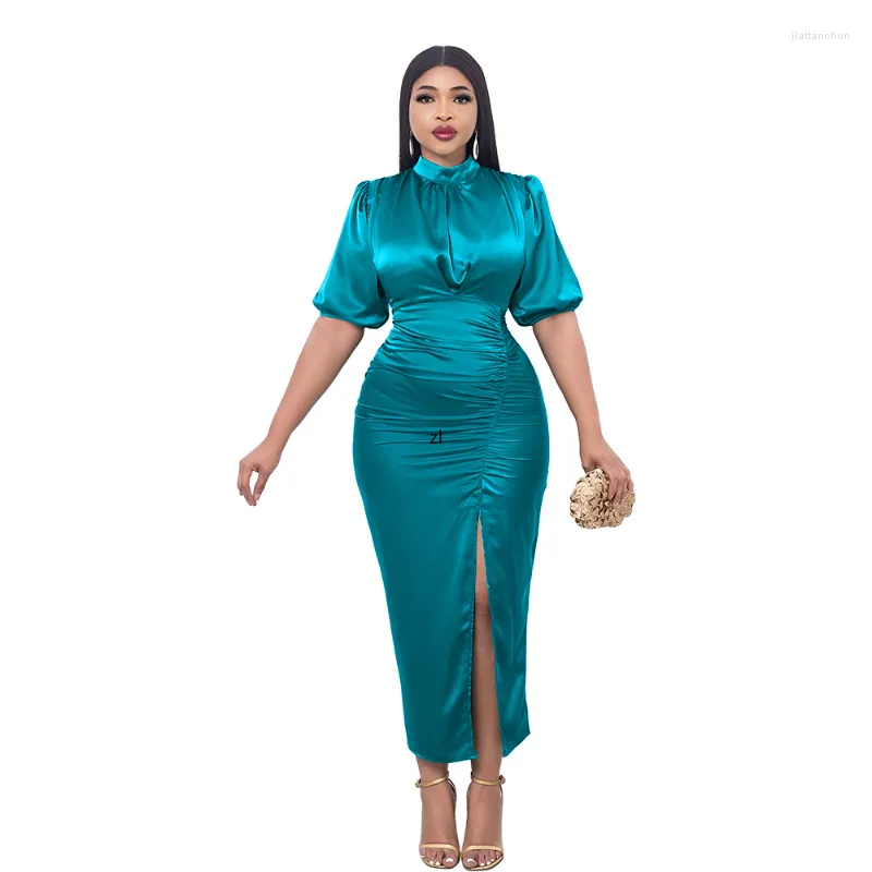 Casual Dresses Sexy Bodycon Pleated Dress High Neck Tight Elegant Split Party Robes 2023 Short Sleeve Ankle Length Xshape Slim Fit Vestido