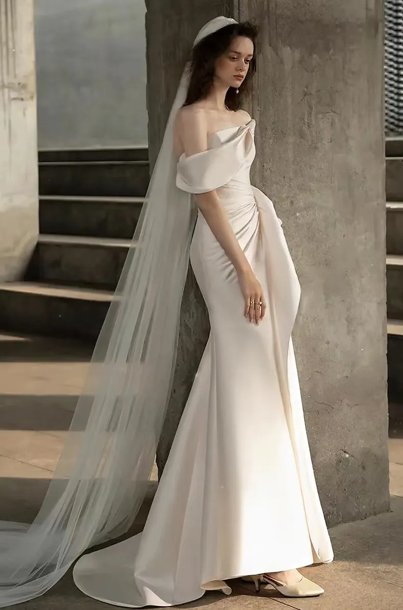 french satin wedding dress Doveyaf New Design French Bridal Light Wedding Dress, White Bride Satin Dress, Cheongsam Style, Floor Tail Solid Cutting, Pearl Lace Decors