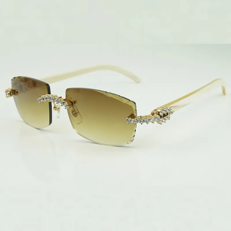 Fashionable Luxury Style 3524015 Inlaid with New Diamonds 5.0 mm Original Natural White Buffalo Horn Legs Borderless Engraved Lenses for Men and Women Sunglasses