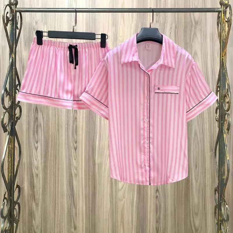 Mulheres sleepwear 2 peças conjunto pijamas mulheres cetim listrado manga curta com shorts verão elegante senhoras casa roupas pijama 2023