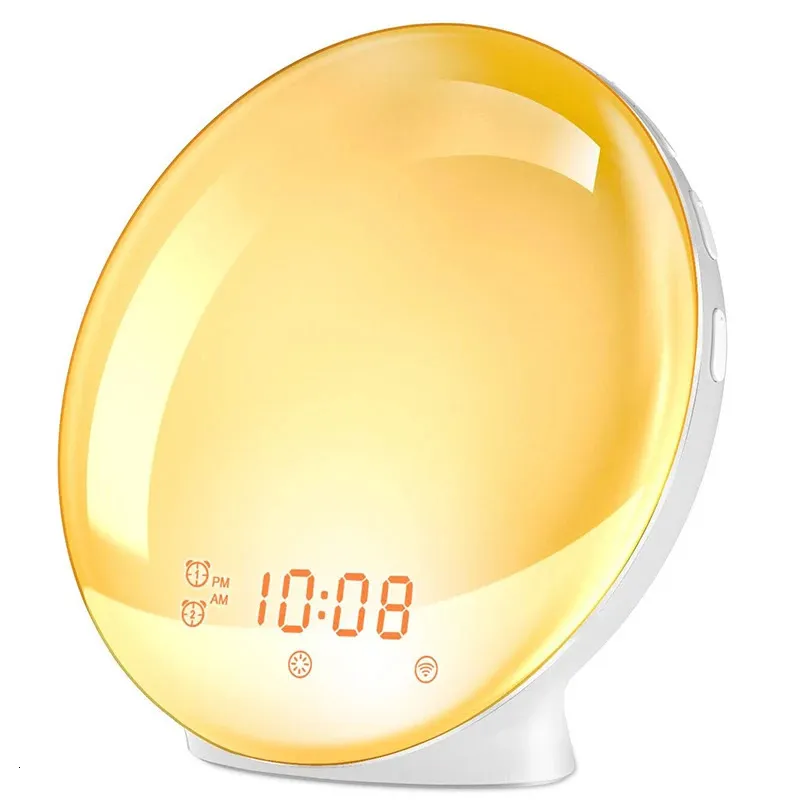 Skrivbordklockor Vakna ljus väckarklocka med SunRisesUnset Simulering Dual Alarms FM Radio Nightlight 7 Colors Natural Sounds Snooze 231122