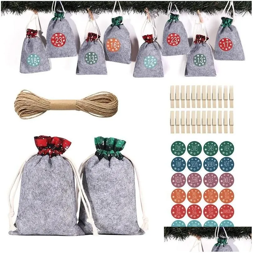 Christmas Decorations 24Pcs/Set Advent Calendar Felt Cloth Candy Bags Diy Countdown Xmas Gift Pouch Wall Hanging Dstring Drop Delivery Otj2A