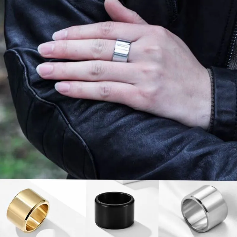 Punk Hip Hop Brushed Glossy Titanium Steel Ring Men Vintage Gothic Gold Color Finger Rings Luxury Jewelry Gift 15mm