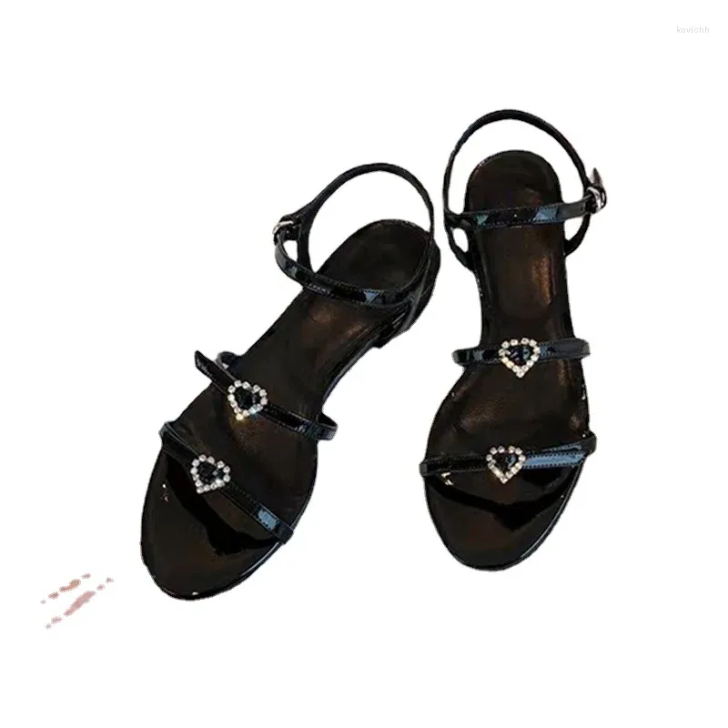 Sandalen met ronde kop, dubbel woord en liefdesboorgesp Platte sandaalpantoffels Dames Zomer