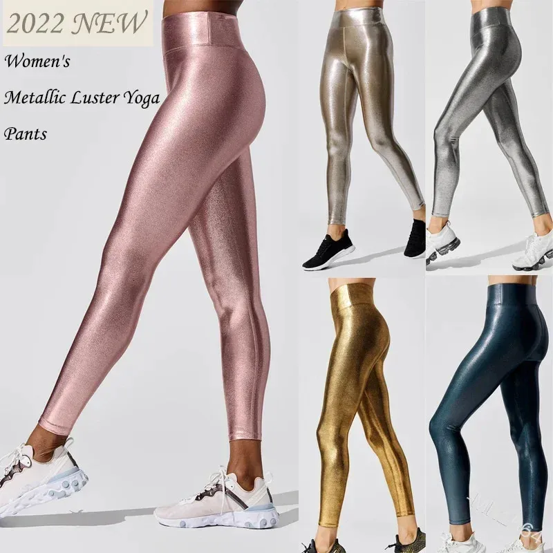 Femmes Leggings métallique lustre pantalons de Yoga taille élastique Sexy brillant vêtements de sport Fitness haute vêtements de sport 231123