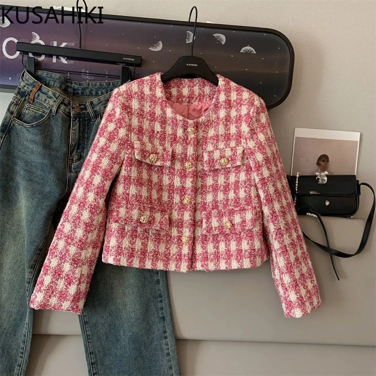 Kvinnors ull blandar kusahiki tweed korta kappa kvinnor höst koreansk hit färg pläd jacka mode elegant oneck singel breasted cardigan tops 231123