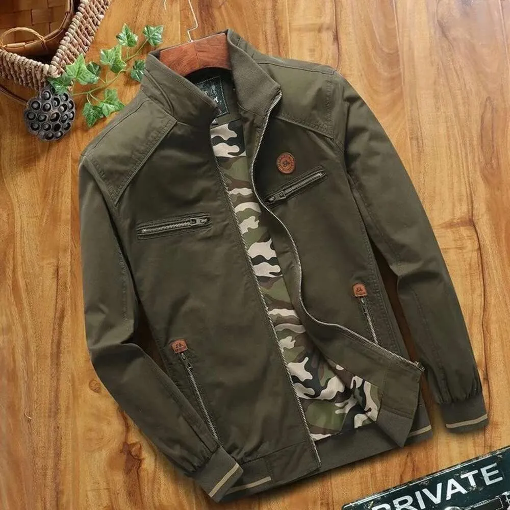 Jaquetas masculinas primavera outono algodão homens jaqueta homem de meia-idade vestido colarinho outerwear camuflagem manga longa casacos sólidos tops