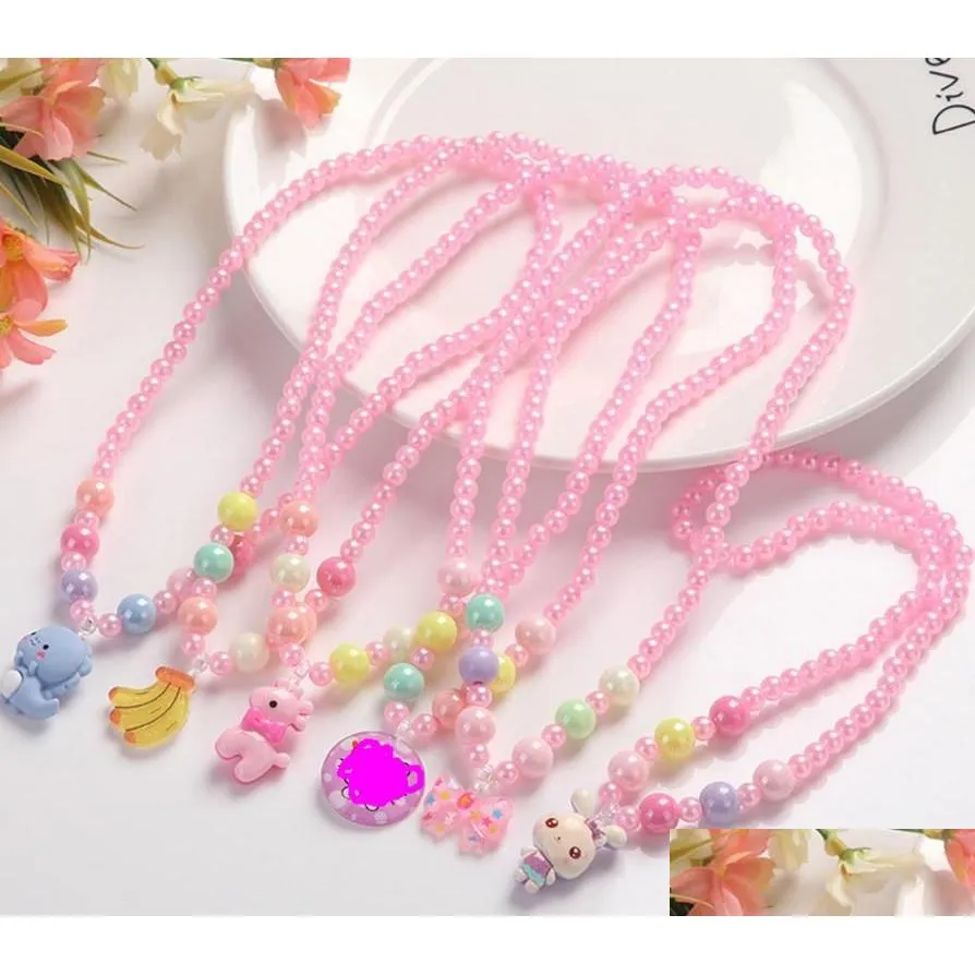 Ювелирные изделия Жемчужное ожерелье с подвеской для девочек, мультяшное животное, фруктовое сердце, веселые ожерелья, детские украшения, розовый, белый, подарок на день рождения, падение Dh5Ny