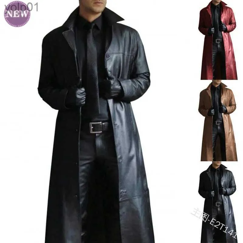 Men's Trench Coats New Men's Coat Spring and Autumn Fashion Temperament Pure Color Windbreaker Slim PU Leather Extended Leather CoatL231123