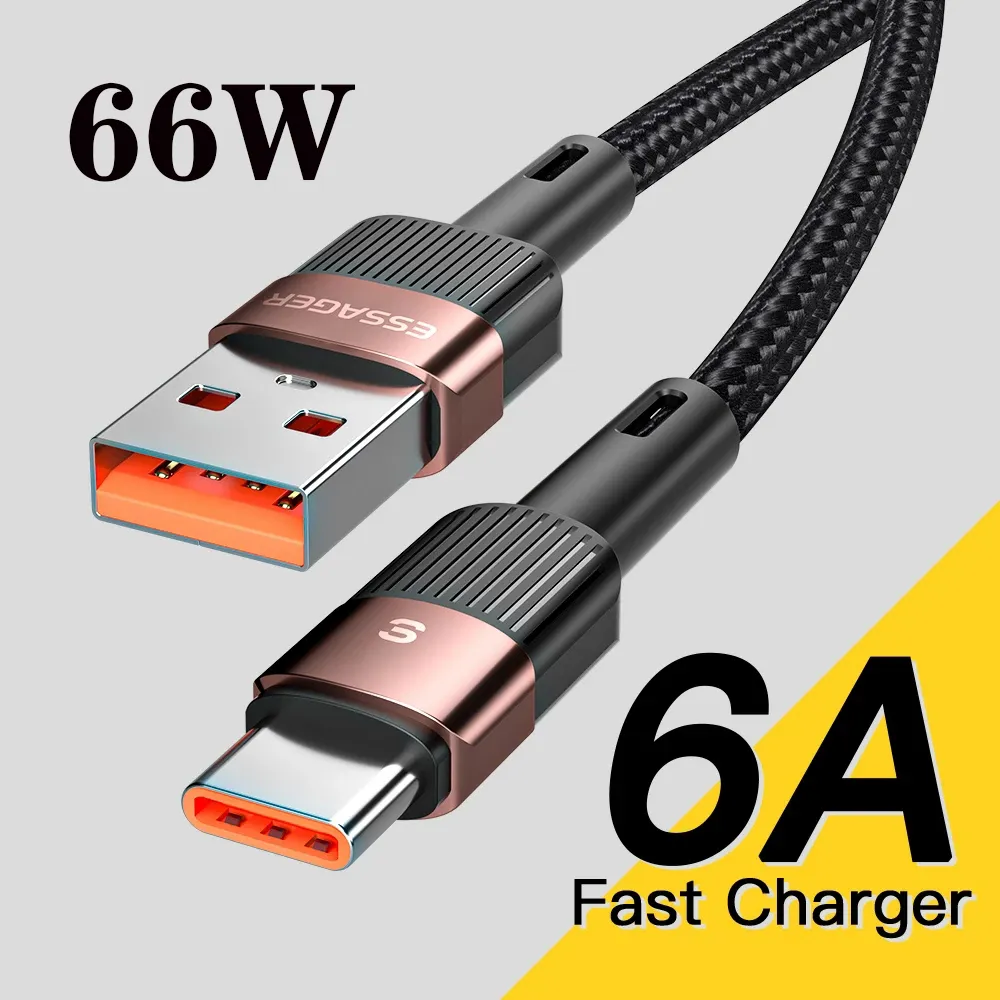 6A USB-typ C-kabel för Huawei P30 P40 Pro 66W Fast laddningstråd USB-C Laddningsdata CORD för Samsung S21 Ultra S20 Poco