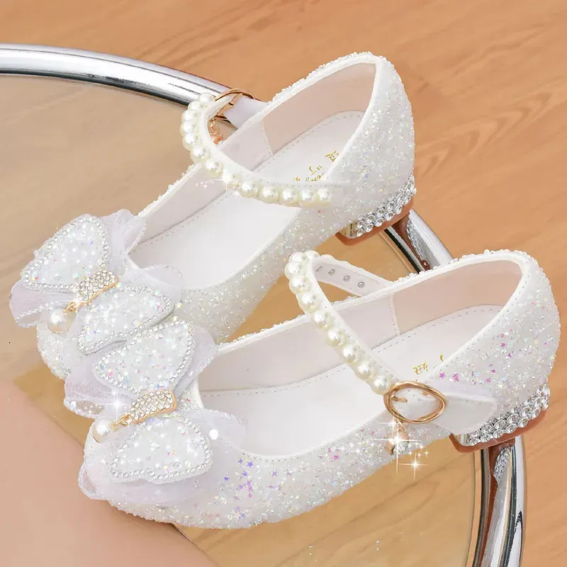 Sapatilhas glitter meninas vestido sapato com cerimônia de casamento festa branco lantejoulas sapatos de salto alto crianças arco salto alto meninas princesa 231122