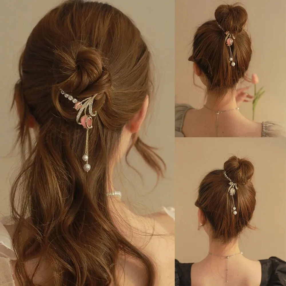 New Tulip Tassel Meatball Head Buckle Hairpin back of the head Plate Hair Clip Flower Ponytail Claws Hair Accessories