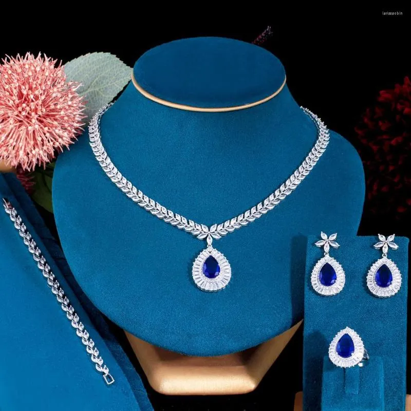 Halsband örhängen set beaqueen trendiga 4st brud kubik zirkonia kungblå vatten droppkristall för kvinnor parti JS365