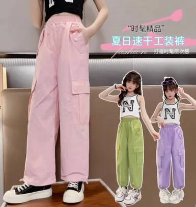 Girls Junior Cargo Pants With Pockets Solid Color Casual Style
