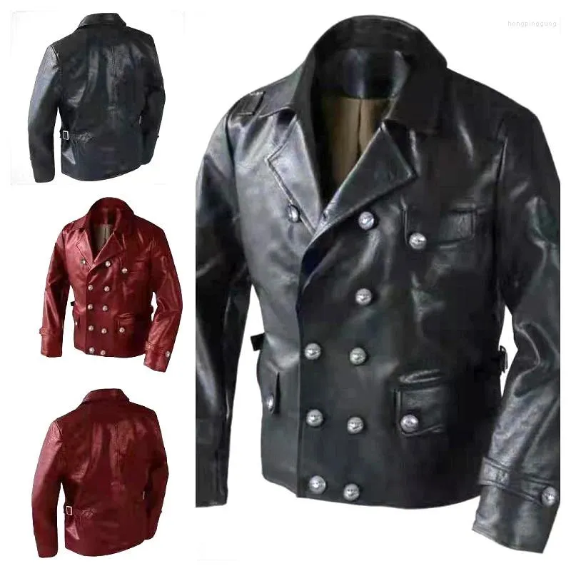 Men's Jackets German Pilot PU Leather Jacket Double Breasted Lapel Autumn And Winter Vintage Coat