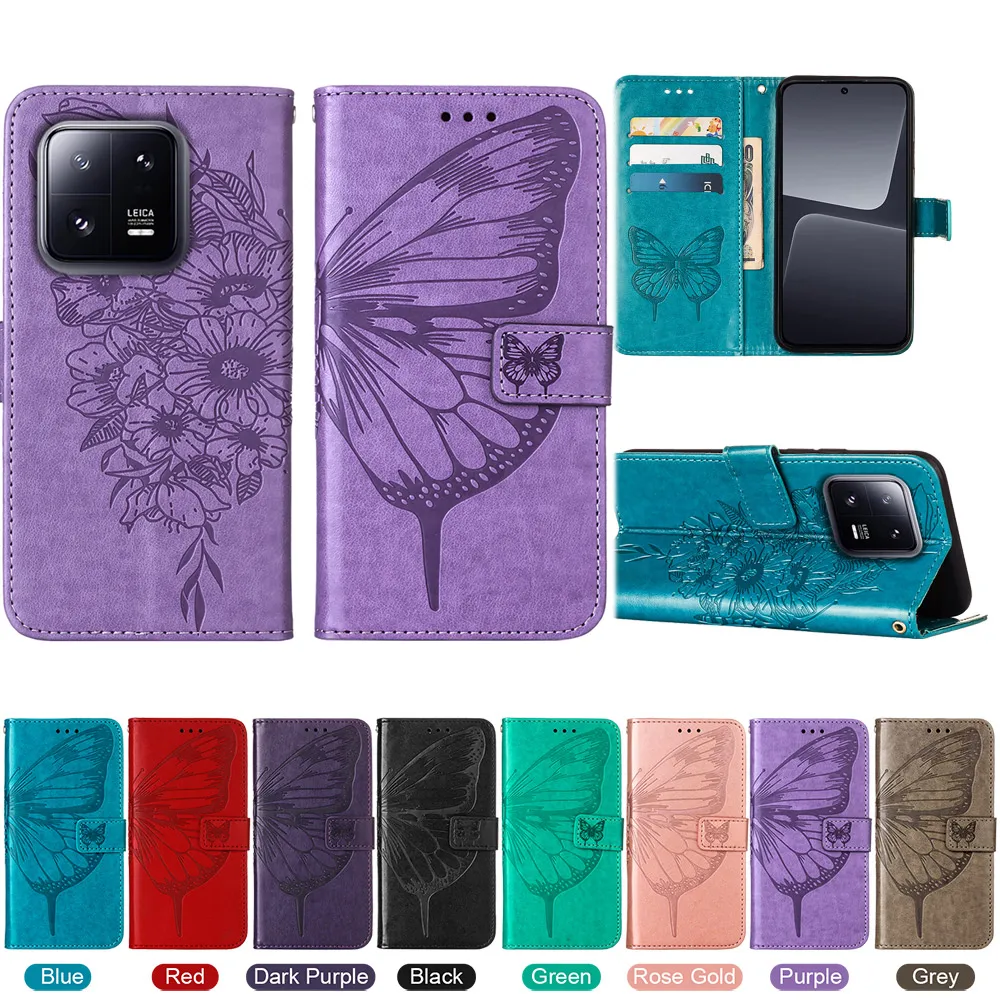 Imprint Butterfly Leather Plånbok Fall för Moto G Stylus 5G 2023 Xiaomi 13 Lite 5G POCO X5 Pro Redmi Note 12 4G Pro Plus Print Flower ID Card Slot Holder Flip Cover Pouch