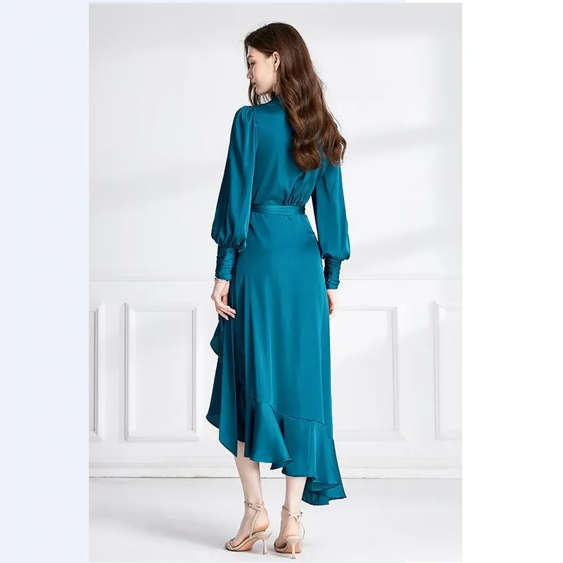 Cotton Blend Blue Wrap Maxi Dress for Women with Lantern Sleeves, V-Neck,  Belted Side Bow, Ankle-Length Asymmetrical Silhouette for Autumn and Winter  from Dhgate Basic & Casual Dresses - price 47.75