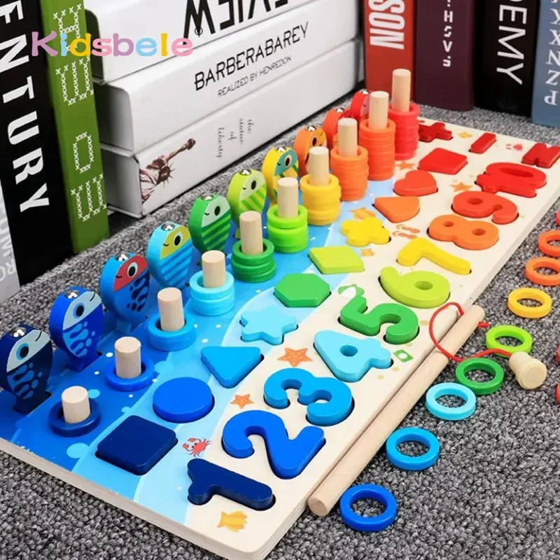 Learning Toys Kids Montessori Math For Toddlers Educational Wooden Puzzle Fishing Count Number Shape Matching Sorter Games Board Toy 231122