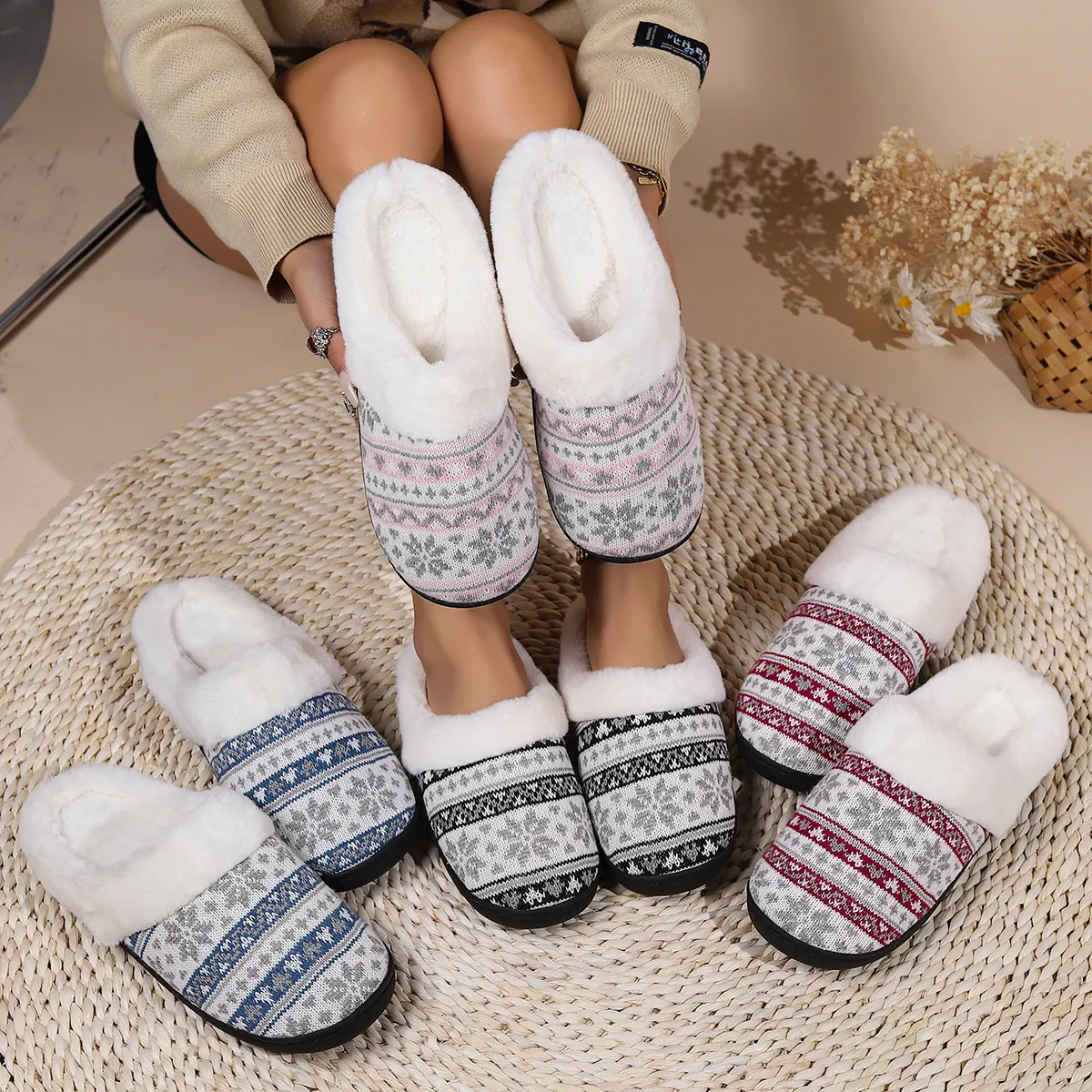 2023 Christmas Series Knitted Plush Cotton Slippers Warm, Non Slip, And ...