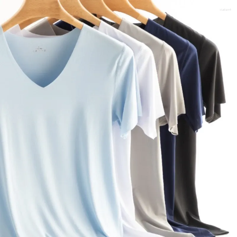 T-shirt da uomo Estate Sottile da donna Seta del ghiaccio Senza soluzione di continuità Manica corta con scollo a V T-shirt in cotone di base Uomo All'interno Slim Mezza maglietta M-3XL